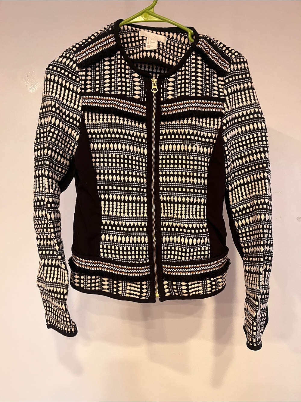 H&M Black and White Geometric Zip-Front Blazer Jacket